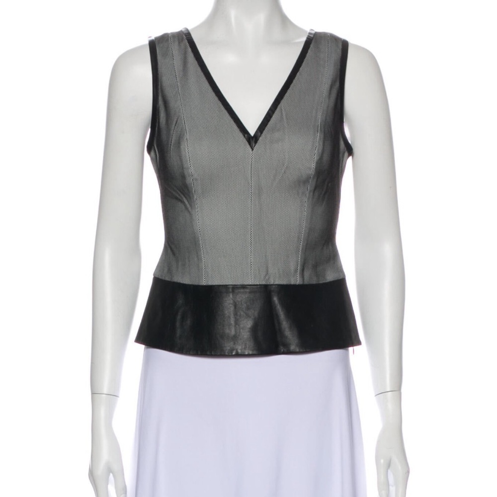 Robert Rodriguez Black and Gray V-Neck Leather Trim Mesh Blouse Size: 4 / S